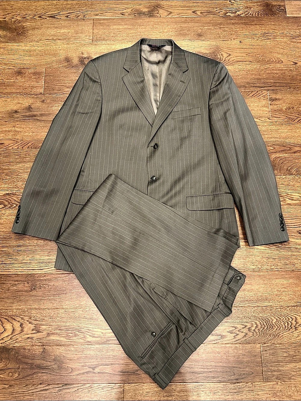 Stafford Super Suit Men's Wool Pinstripe Suit Taupe Tan 42 Long Waist 34